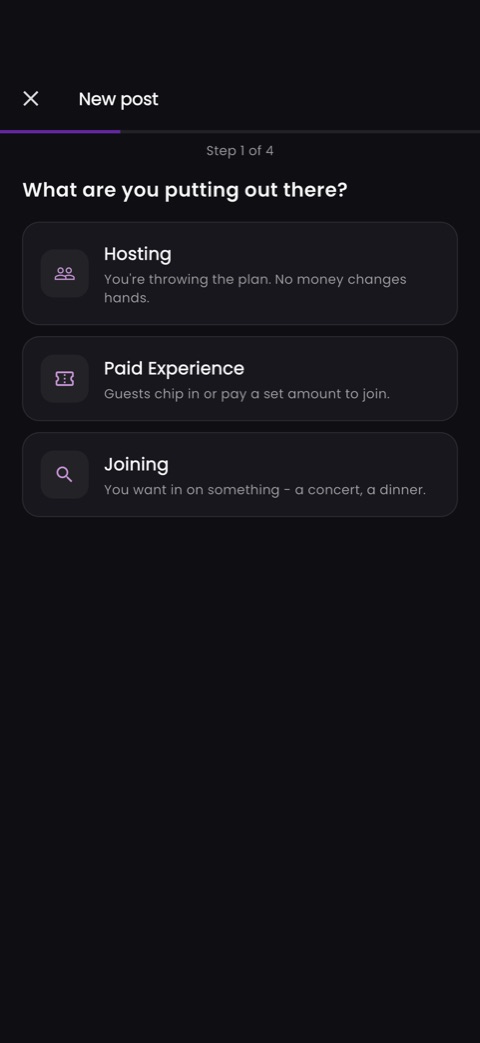 The New Post wizard in the My Treat app with Hosting, Paid Experience, and Joining options