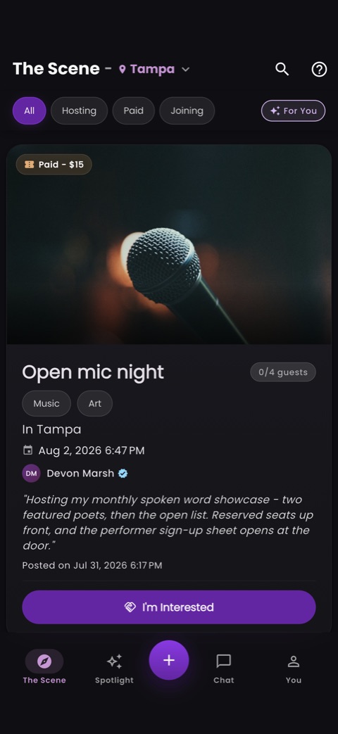 The Scene feed in the My Treat app leading with a paid spoken word open mic listing in Tampa